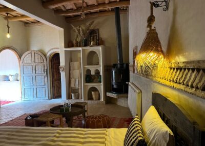 Bedroom detail with woven furnishings and warm lighting